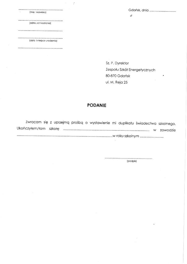 Dokumenty do duplikatu świadectwa